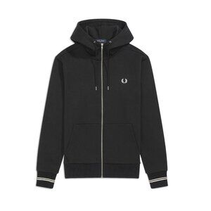 Fred Perry Men's Tipped Zip Front Hooded LS Sweatshirt Jacket Wreath Logo Black